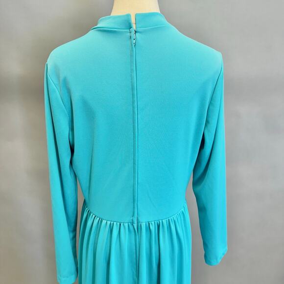 Vintage 60s/70s Turquoise Blue Keyhole Front Maxi Dress High Neck Size 18 - Picture 9 of 16